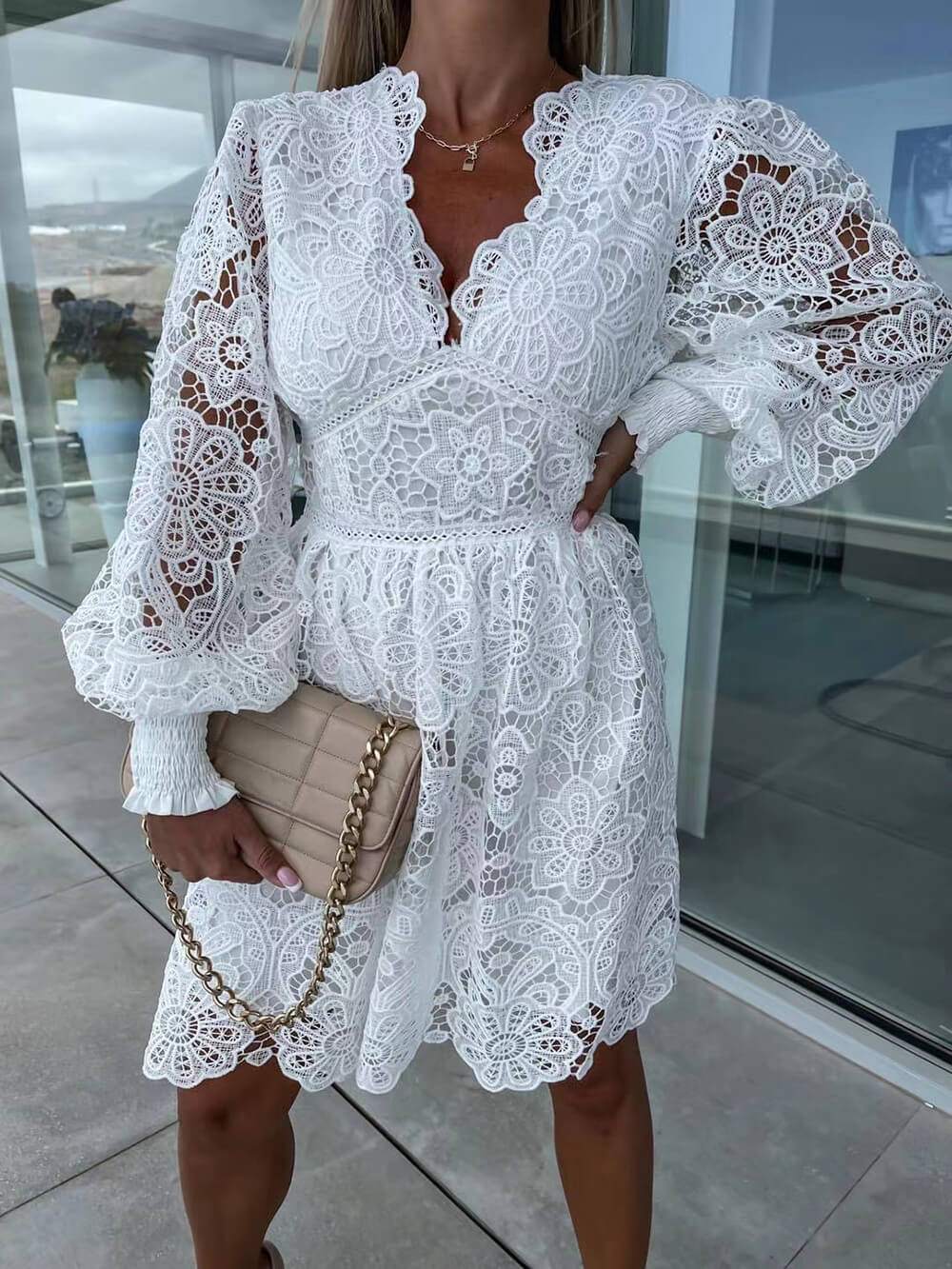 Sexy Hollow Lace Mini Dress White