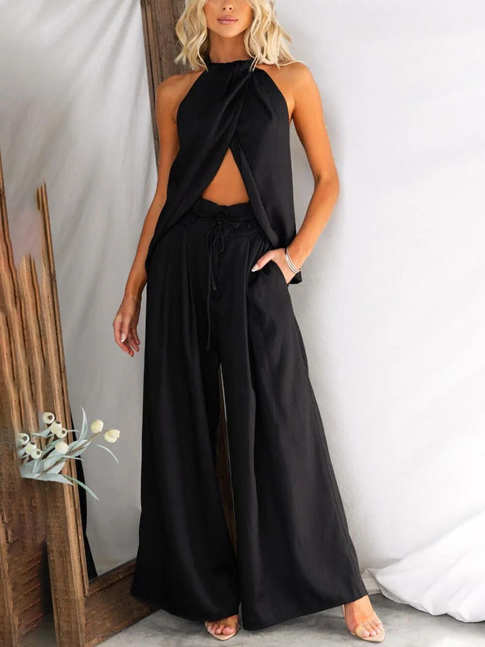 Unique Gette Linen Blend Slit Front Top and High Rise Knoted Pocket Wide Leg Pants Set Black