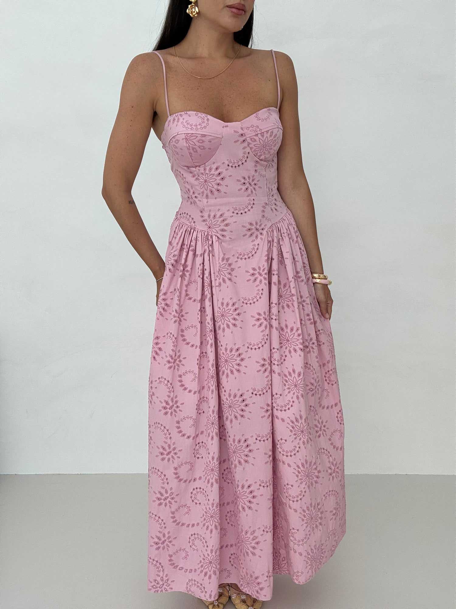 Romantic Embroidered Sweetheart Neck Spaghetti Strap Maxi Dress Pink