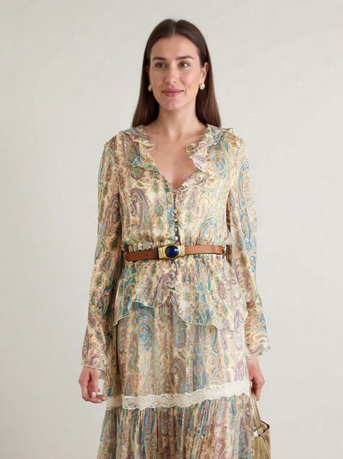 Exquisite Paisley Print Lace Trim Skirt Multi Top