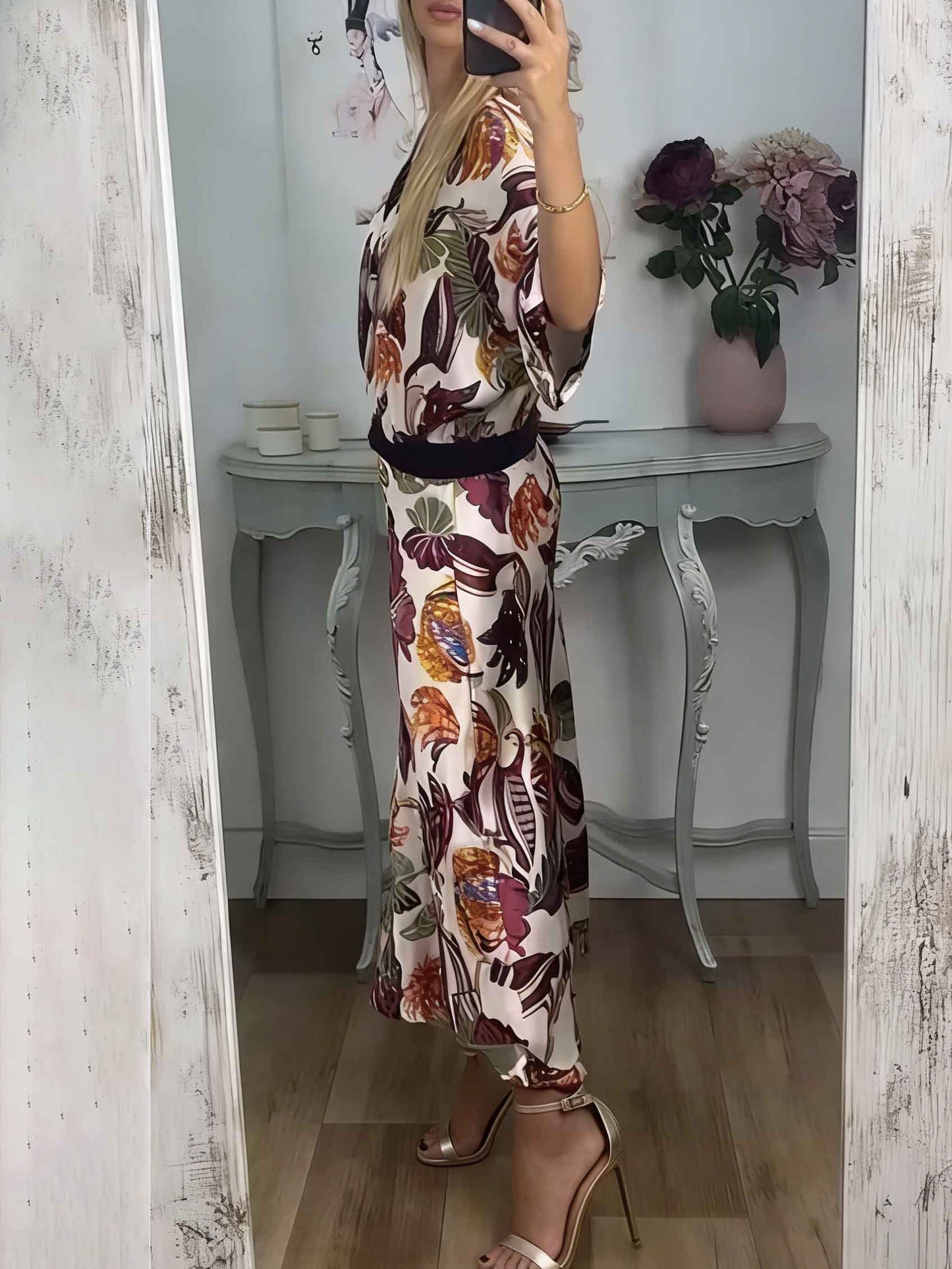 Retro Jungle Palm Leaf Satin Print Batwing Sleeve Shir