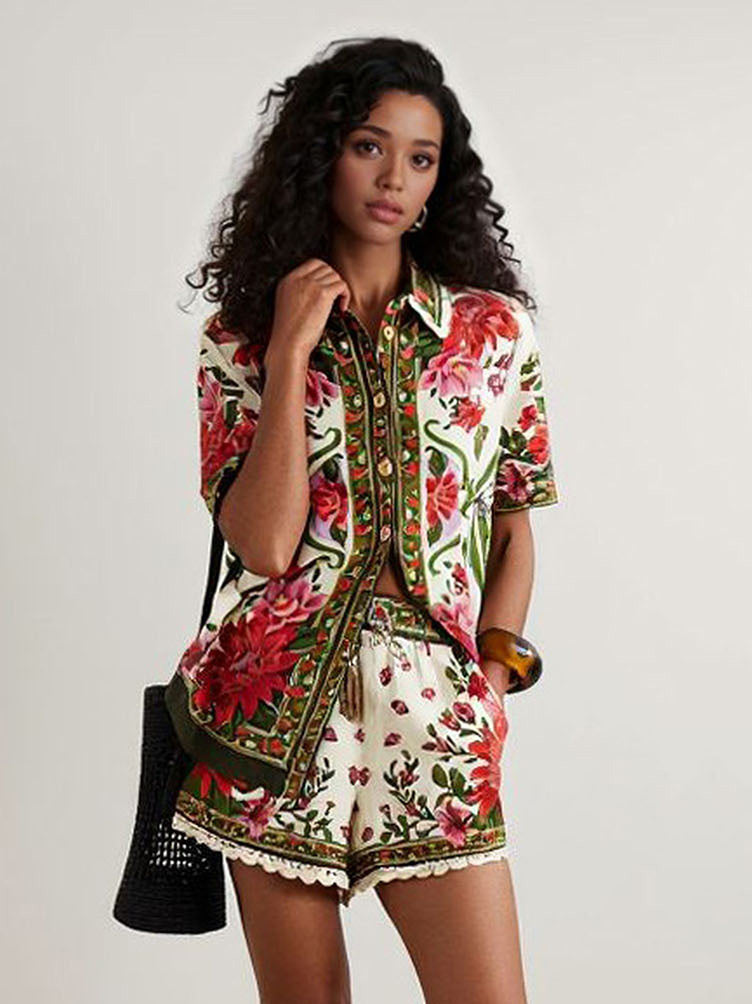 Retro Floral Print Shirt & Shorts Two-Piece Set Multi