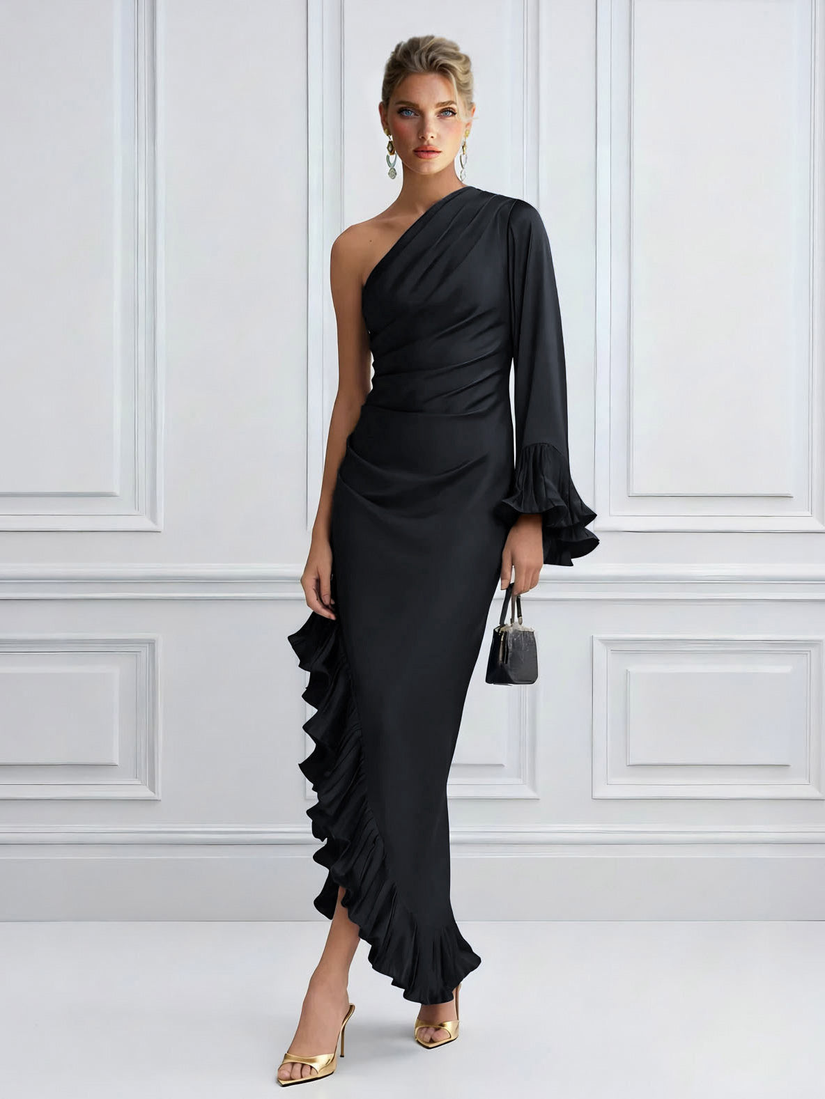 One-Shoulder Ruffle Trim Satin Maxi Dress Black