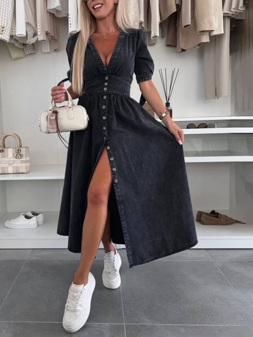 Unique Pleats Solid Color V-Neck Button-Down Denim Midi Dress Black