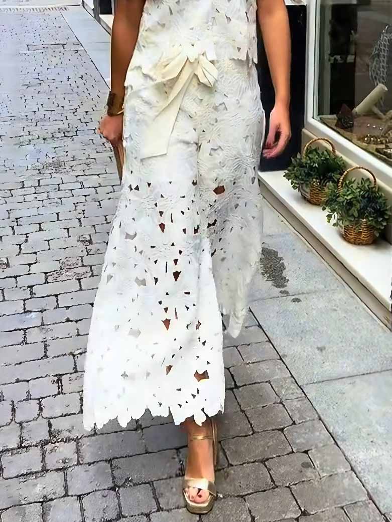 Casual Cutout Lace Shirt & Wide-Leg Pants Two-Piece Set White Pants