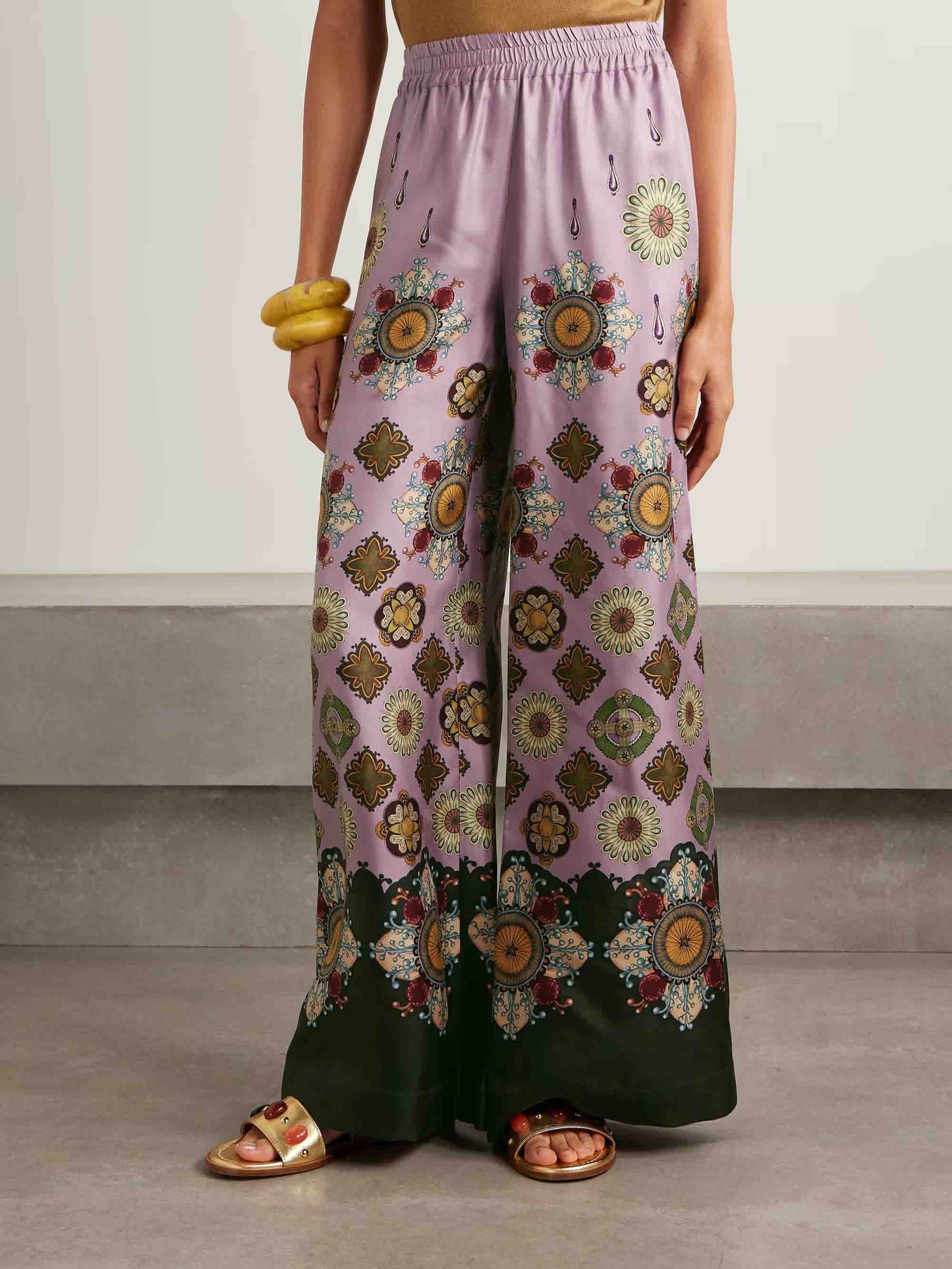 Retro Fine Satin Floral Print Wide-Leg Pants