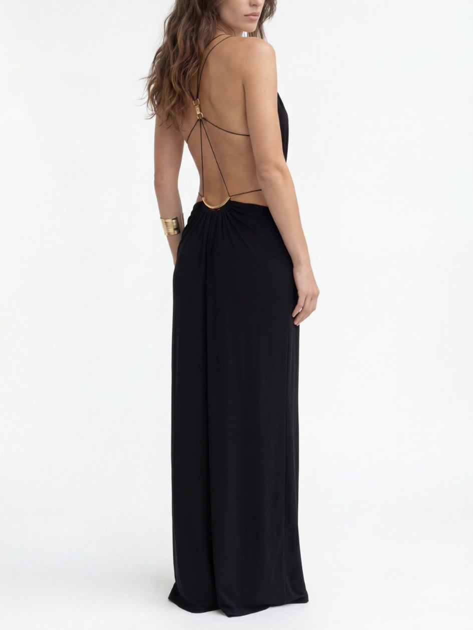 Sexy Metal Chain Cut-Out Backless Lace-Up Draped Maxi Dress