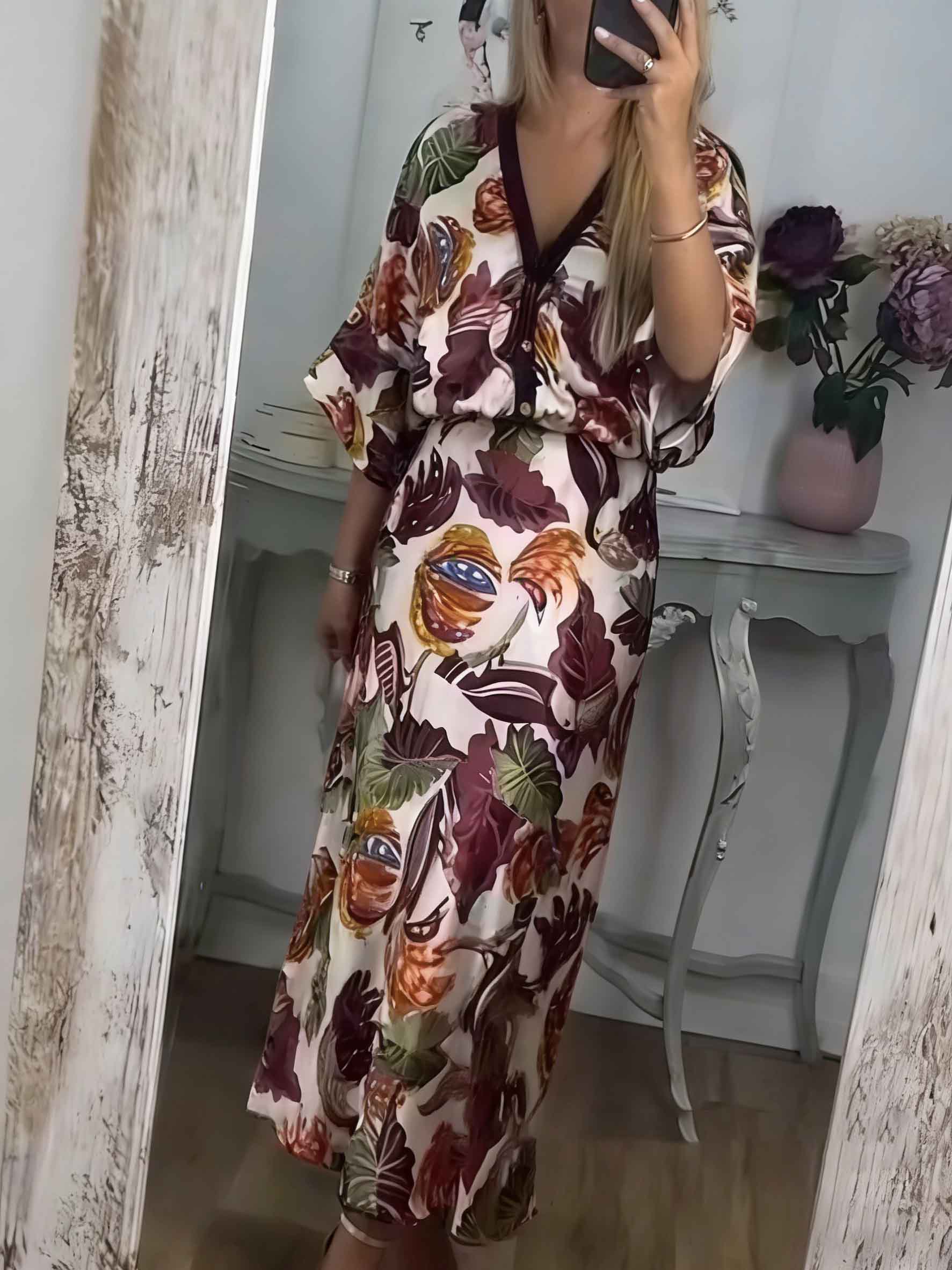 Retro Jungle Palm Leaf Satin Print Batwing Sleeve Shir Red Set