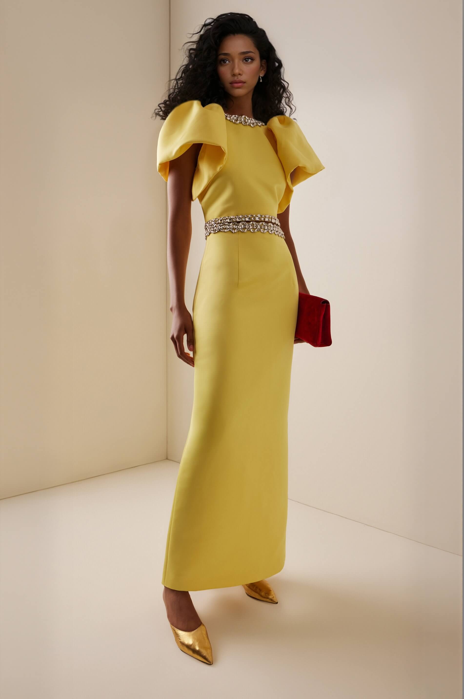 Exquisite Rhinestone-Embellished Puff Sleeve Top And Slit Maxi Skirt Set Yellow