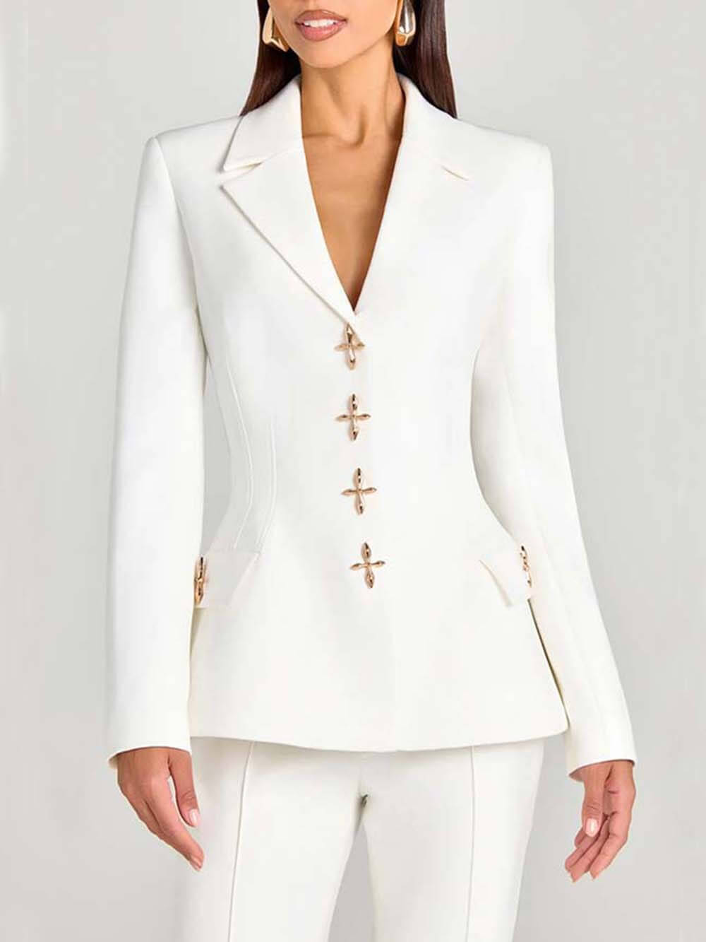 Fashion Casual Long-Sleeve Button Detailing Blazer White