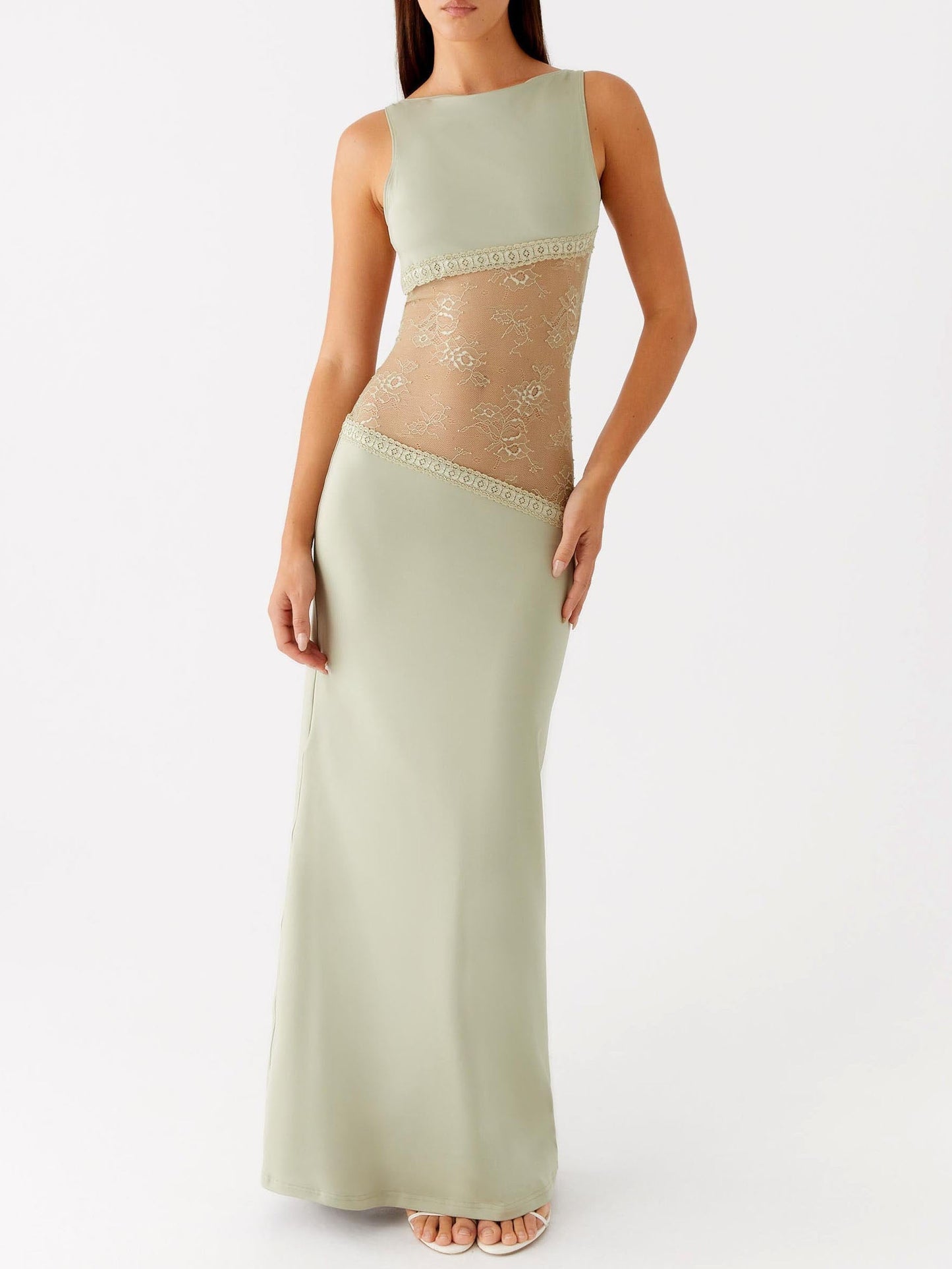 Elegant Sleeveless Boat Neck Black Lace Maxi Dress