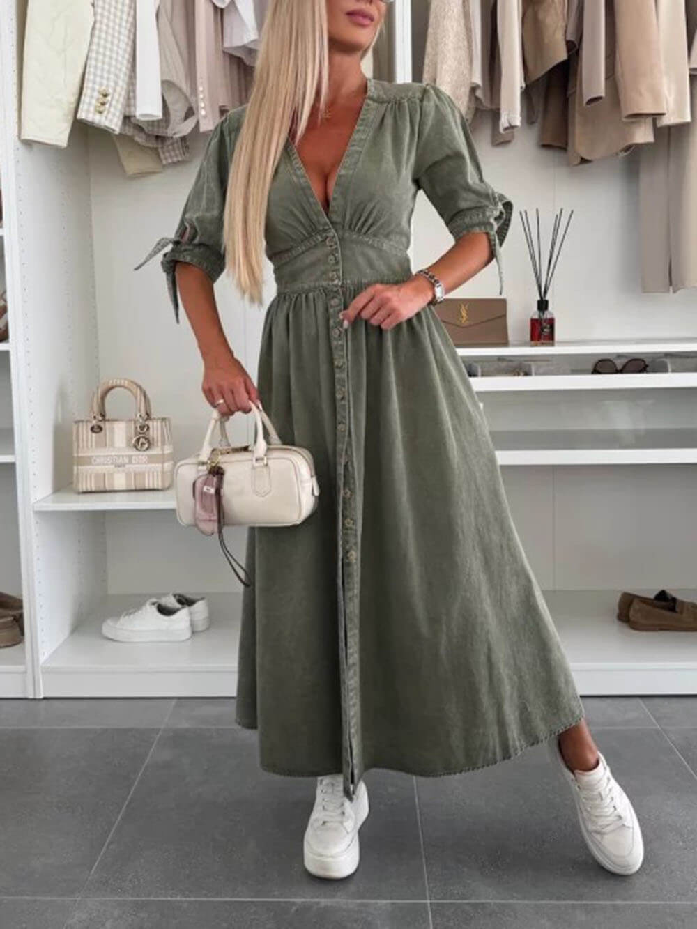 Unique Pleats Solid Color V-Neck Button-Down Denim Midi Dress Army Green