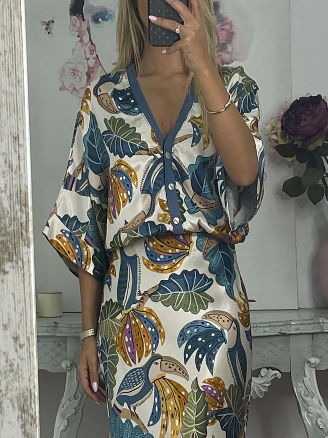 Retro Jungle Palm Leaf Satin Print Skirt Blue Top