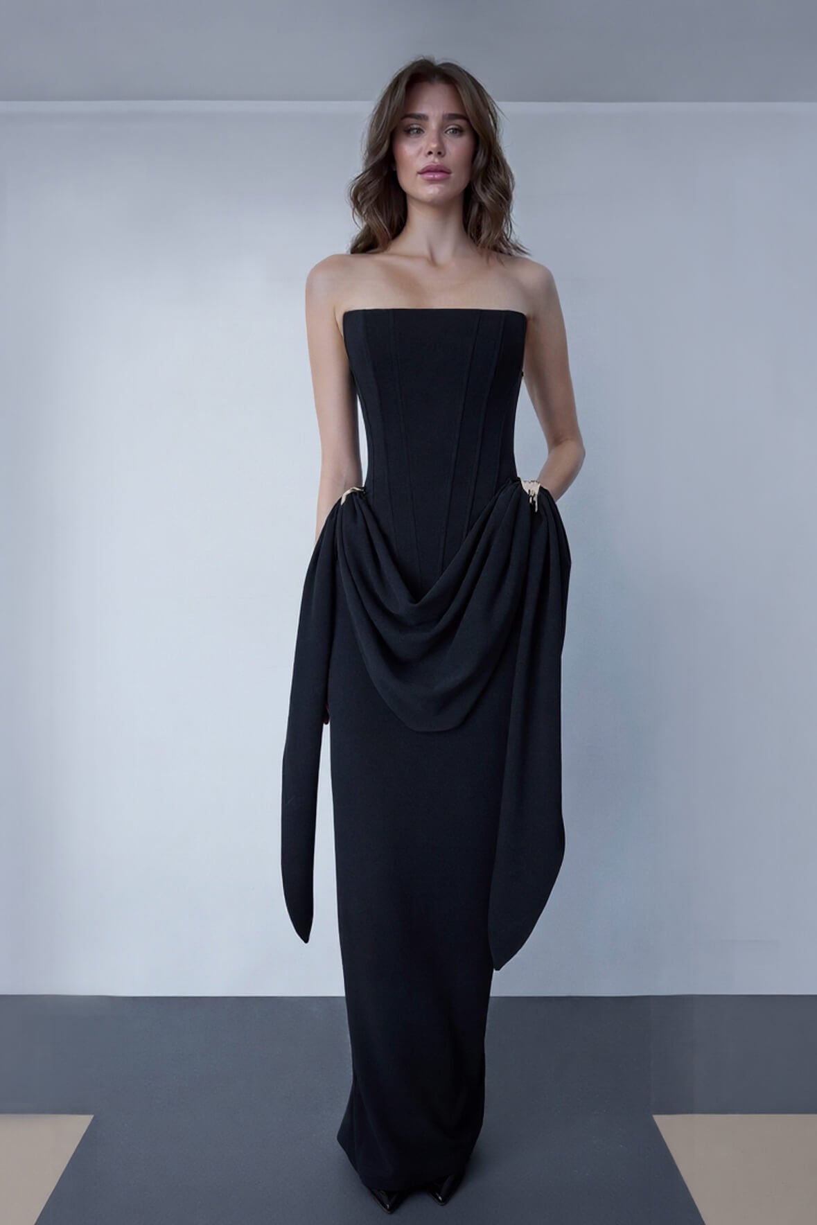 Elegant Black Strapless Ruched Metal Buckle Detail Maxi Dress Black