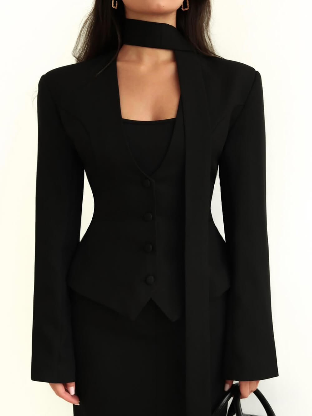 Fashion Solid Color V-Neck Scarf-Trimmed Long Sleeve Blazer Black