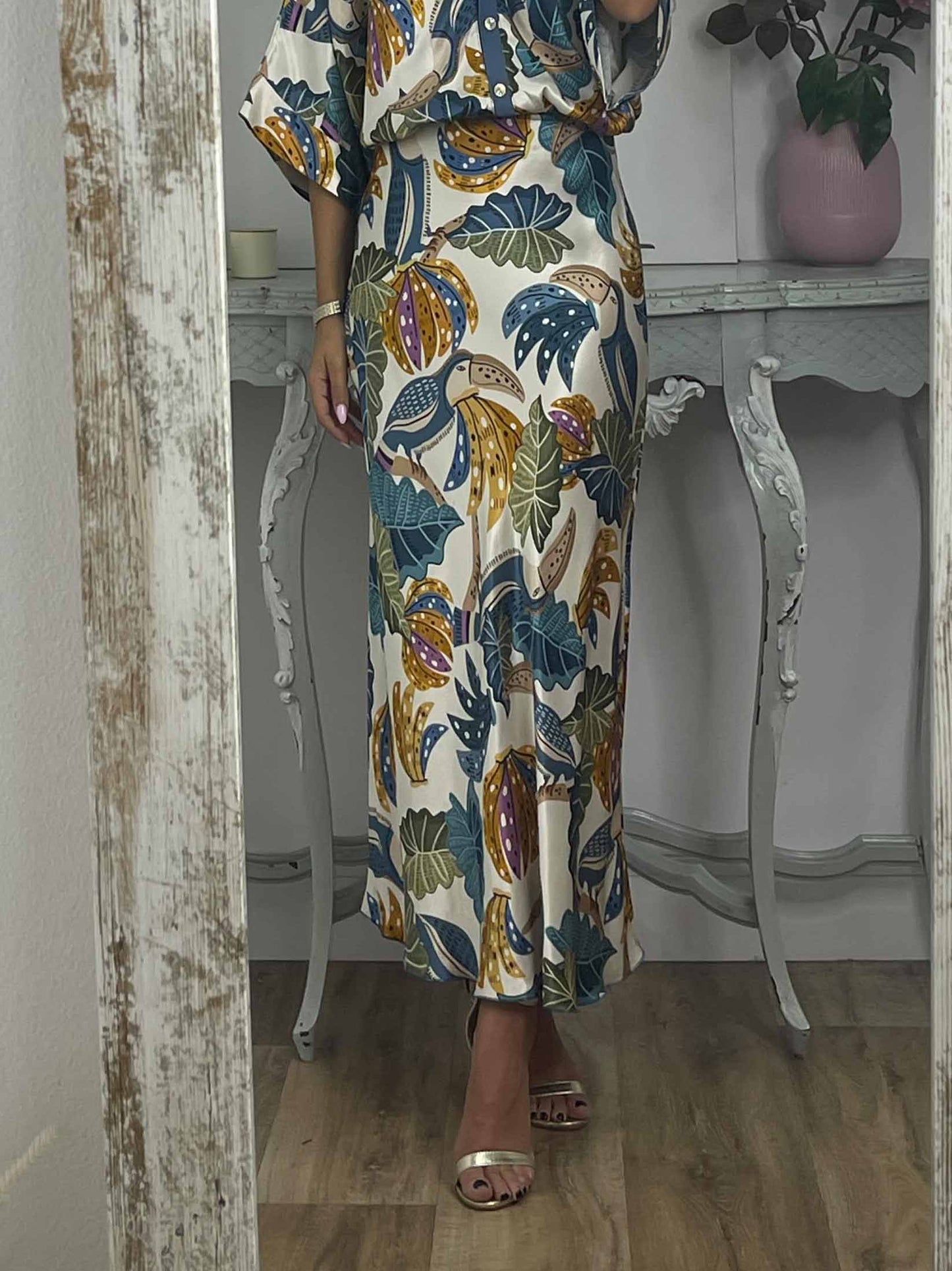 Retro Jungle Palm Leaf Satin Print Skirt Blue Skirt