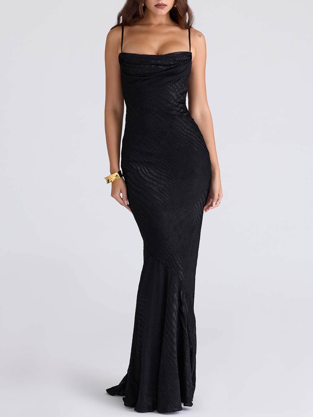 Elegant Low-Neck Burnout Satin Party Maxi Dress Black