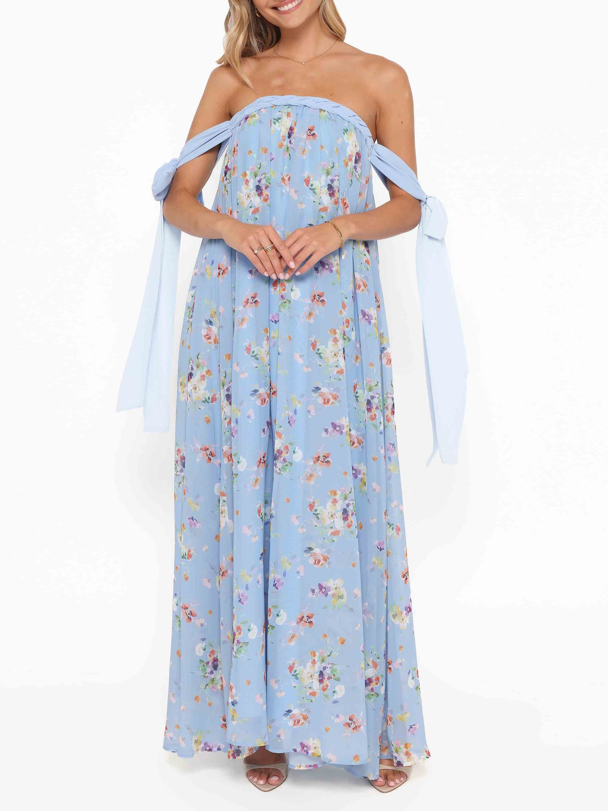 Light Blue Floral Tie Strap Maxi Dress Blue