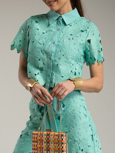 Casual Cutout Lace Shirt & Wide-Leg Pants Two-Piece Set Green Top