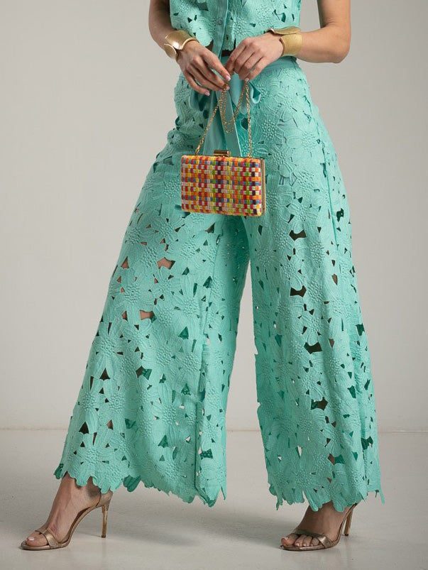 Casual Cutout Lace Shirt & Wide-Leg Pants Two-Piece Set Green Pants