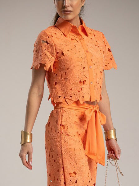 Casual Cutout Lace Short Sleeve Shirt Orange Top