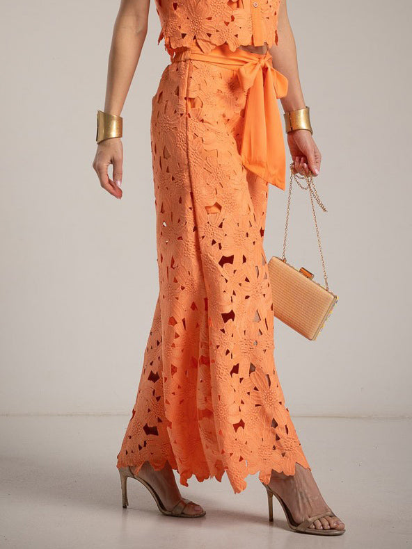 Casual Cutout Lace Shirt & Wide-Leg Pants Two-Piece Set Orange Pants