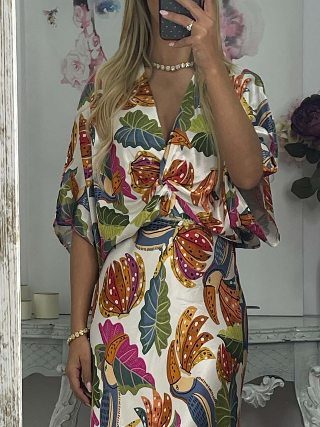 Retro Jungle Palm Leaf Satin Print Skirt Cream Top