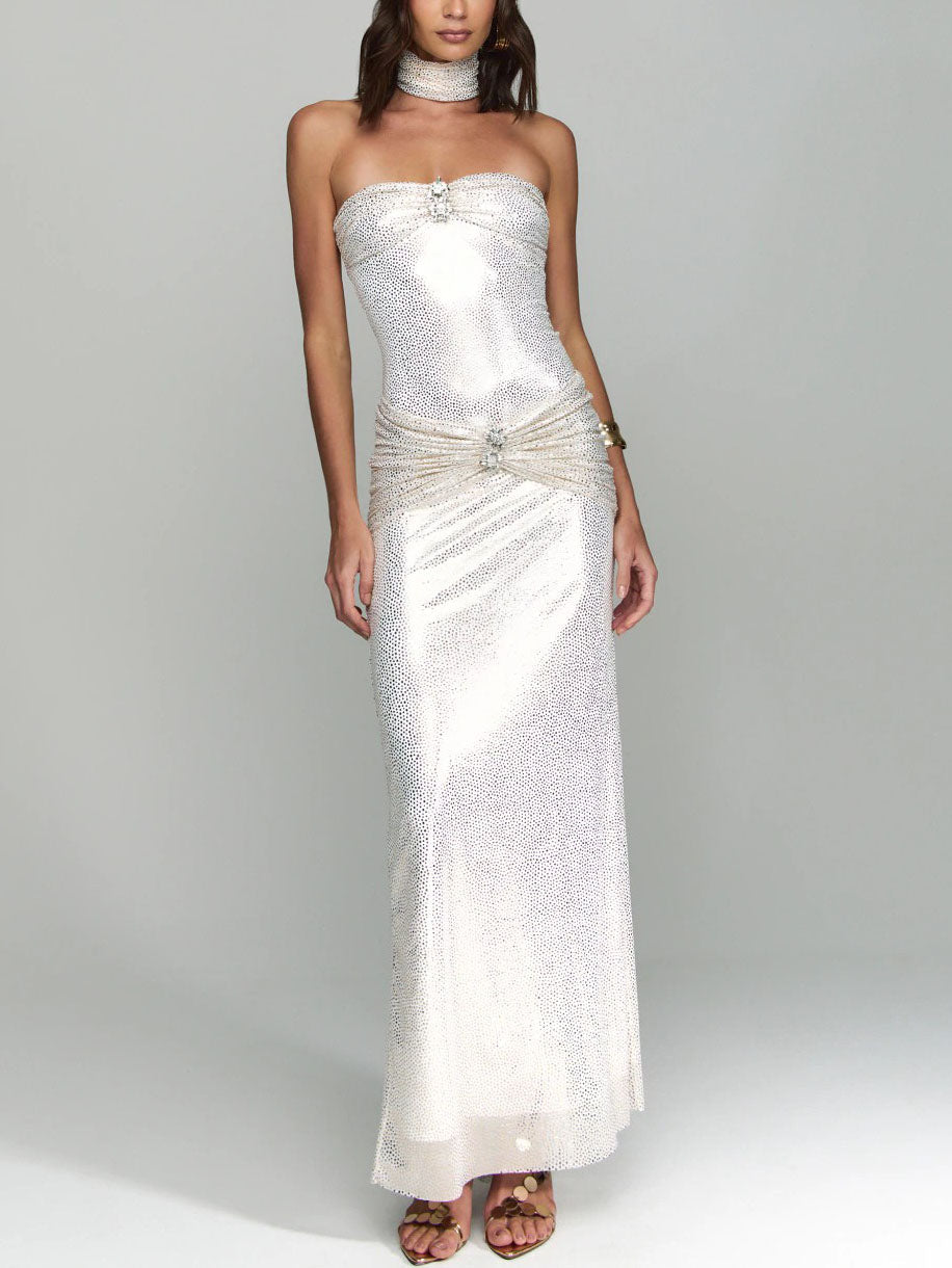 Elegant Strapless Pleated Party Maxi Dress White