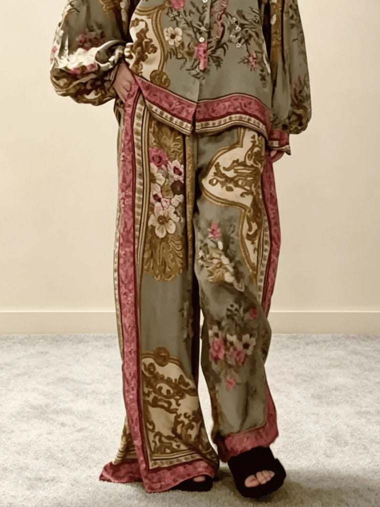 Retro Floral Baroque Print Satin Button-Up Shirt Green Pants