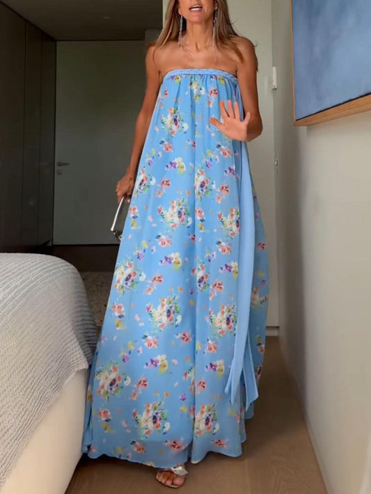 Light Blue Floral Tie Strap Maxi Dress