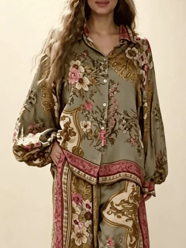 Retro Floral Baroque Print Satin Button-Up Shirt Green Top