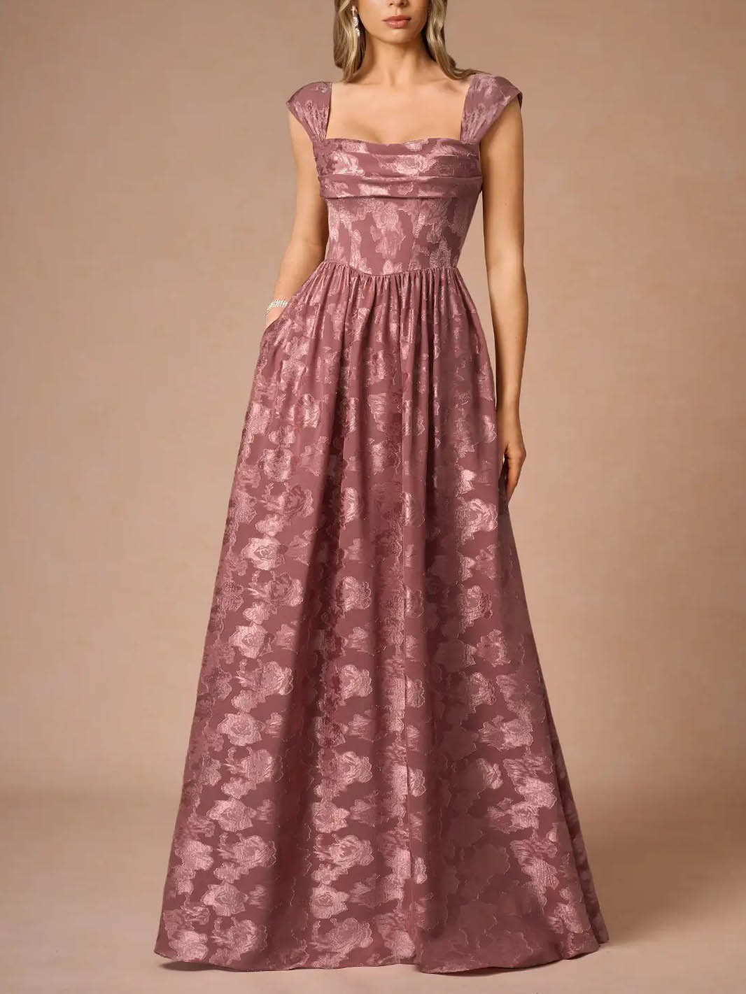 Elegant Drape Neck Floral A-Line Maxi Dress Pink