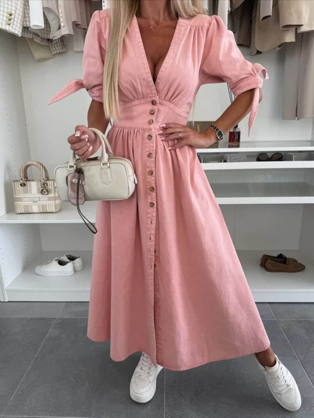 Unique Pleats Solid Color V-Neck Button-Down Denim Midi Dress Pink