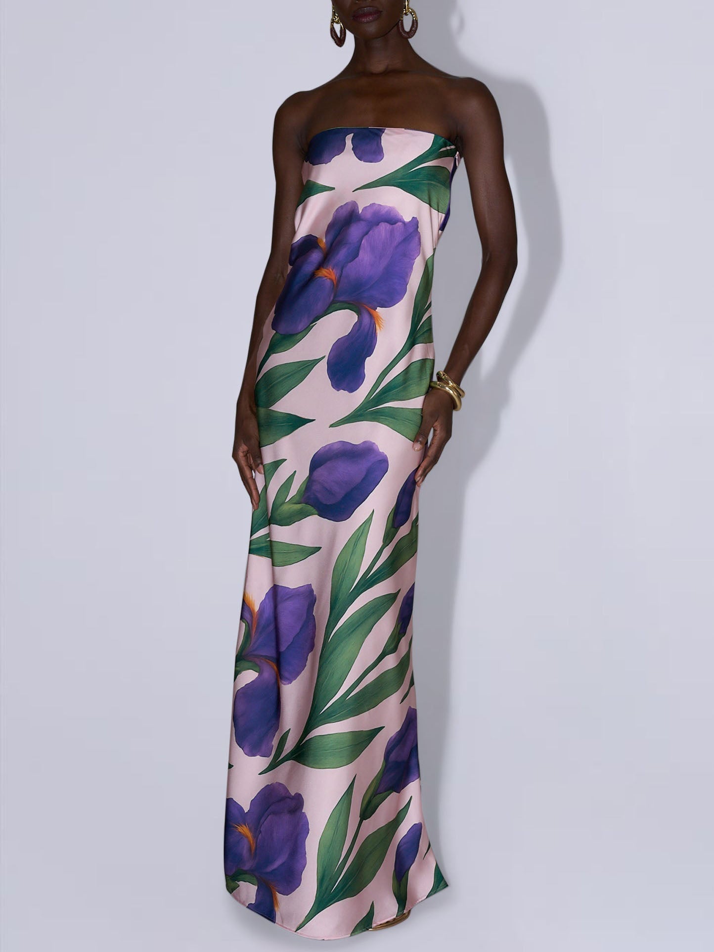 Elegant Strapless Satin Iris Floral Print Maxi Dress Multi