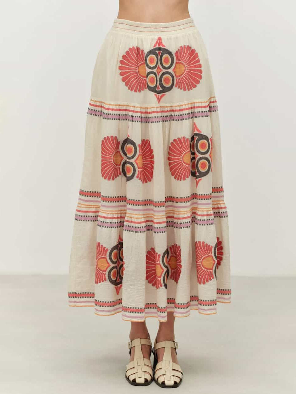 Retro Ethnic Floral Print Cake Skirt Apricot