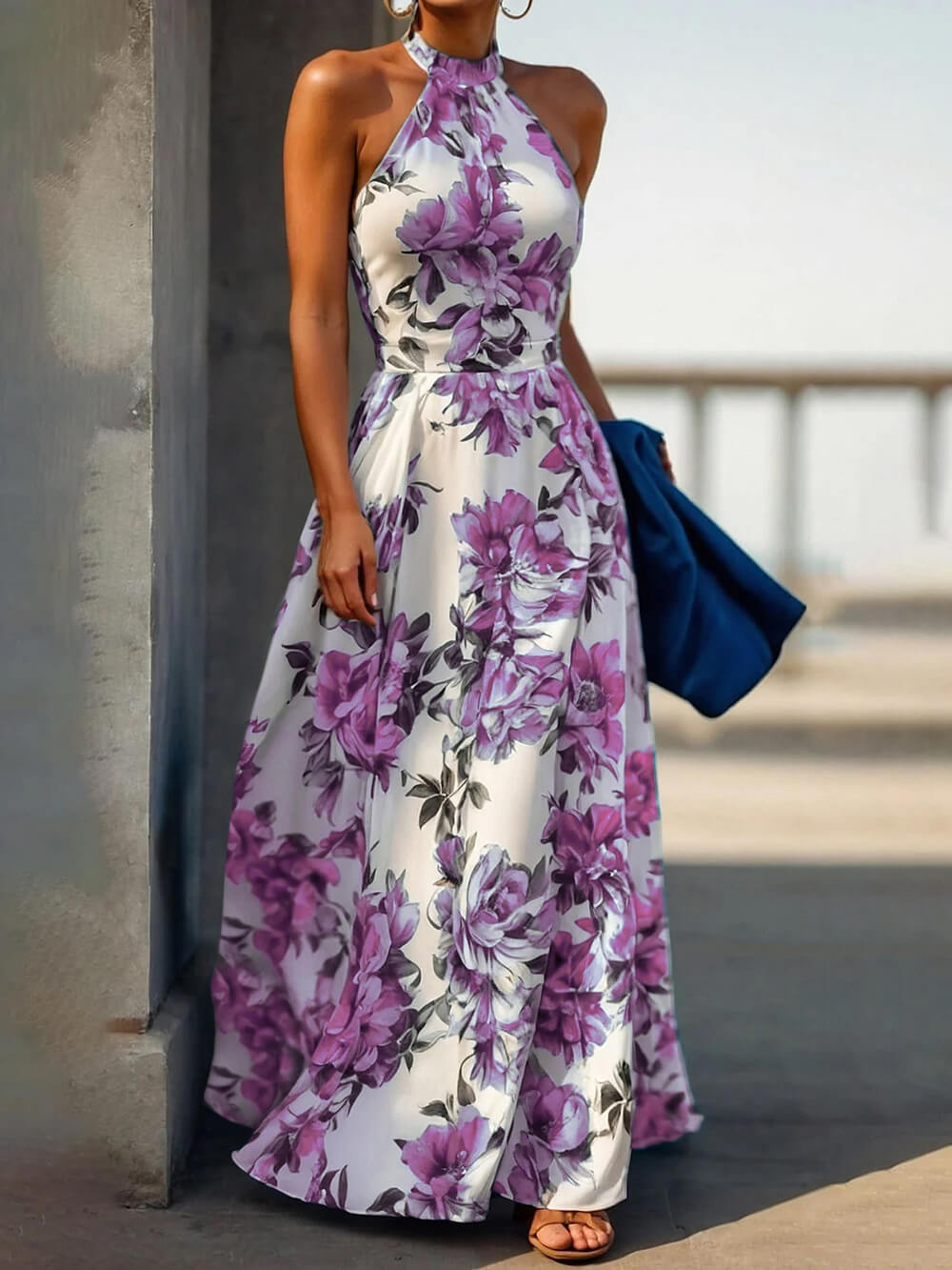 Elegant Floral Print Halter Neck Holiday Style Slim Maxi Dress Purple