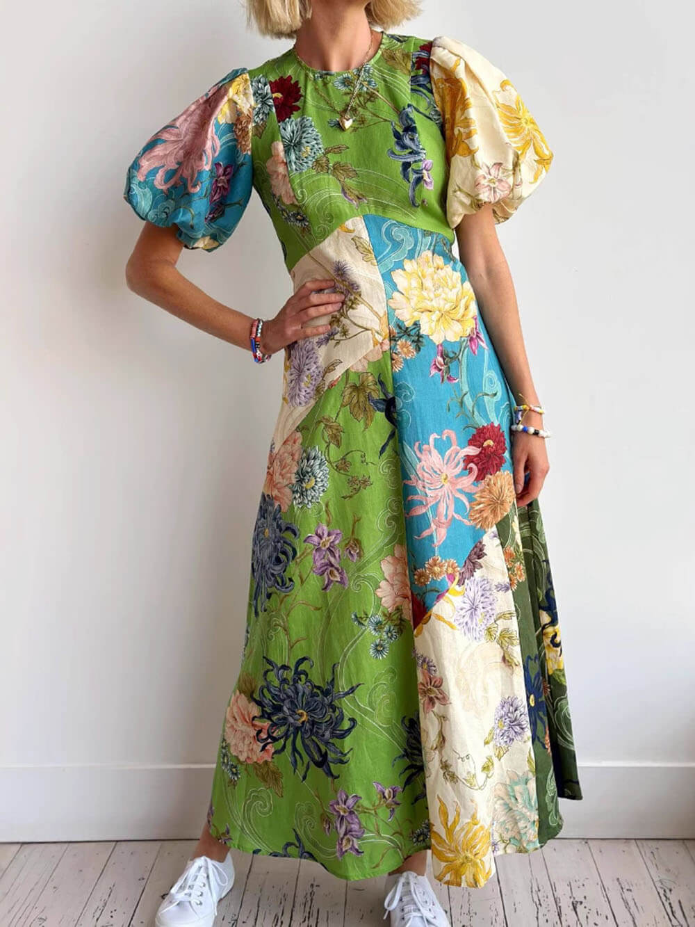 Casual Personalized Graffiti Print Lantern Sleeve Round Neck Linen Maxi Dress Multicolors