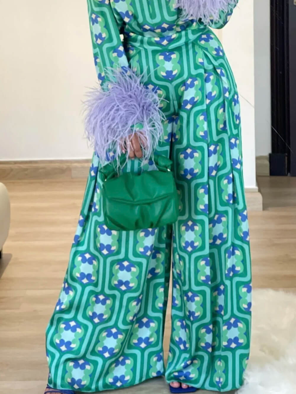 Fashionable Printed Wide-Leg Pants Green