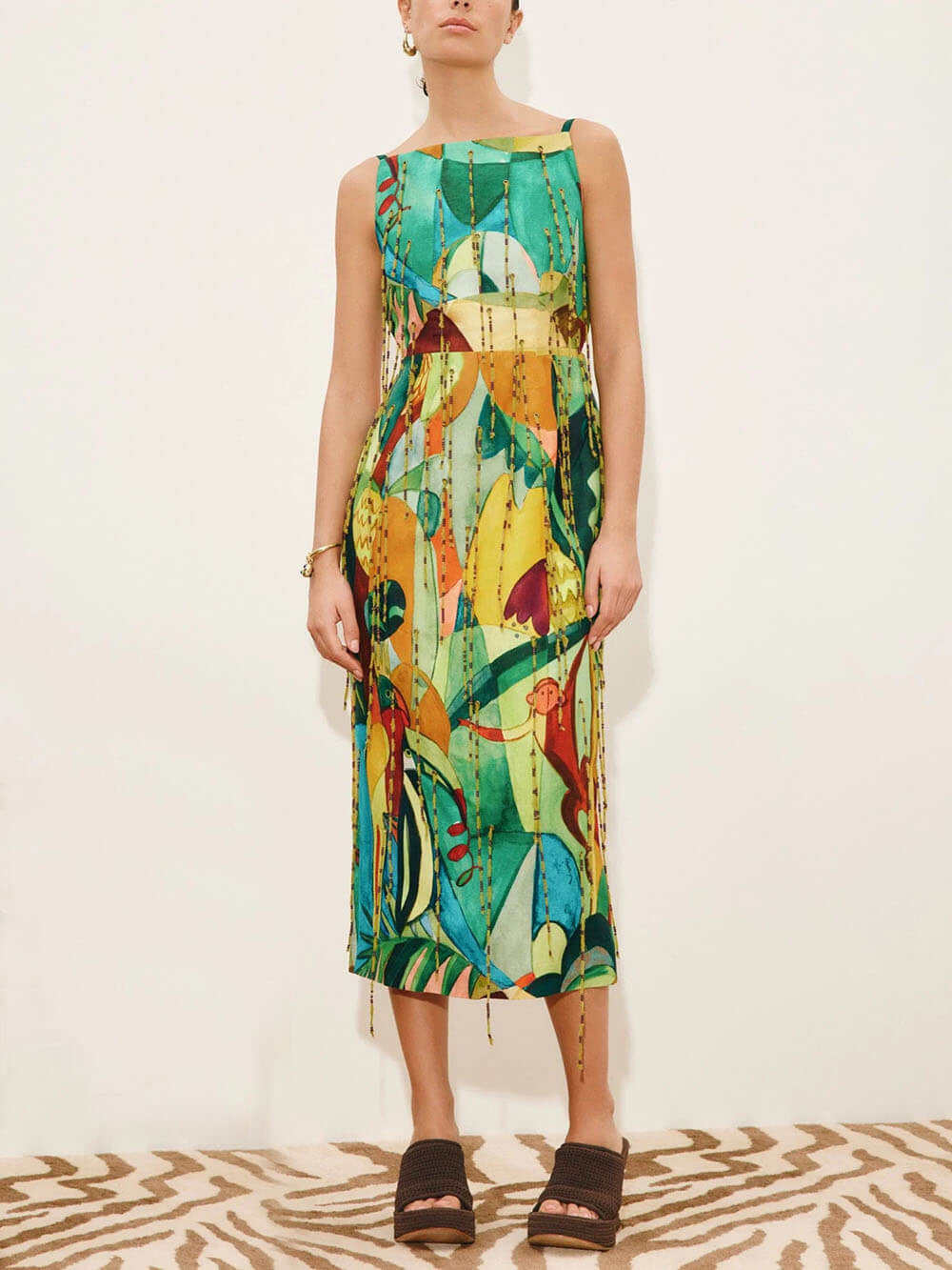 Exquisite Backless Printed Straight-Neck Fringe Midi Dress Multicolor