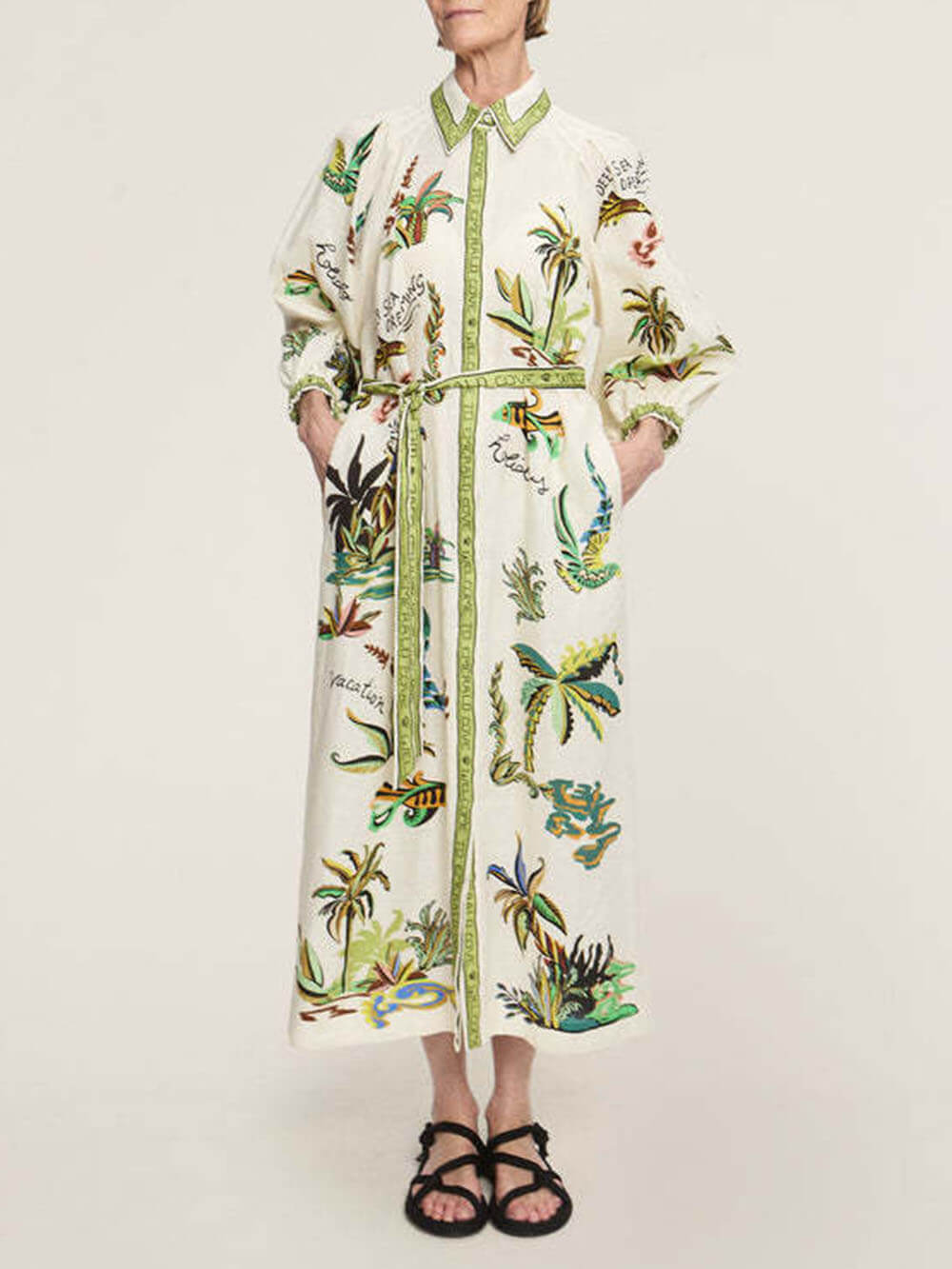 Unique Coconut Tree Print Day Dream Linen Shirtdress Multicolor