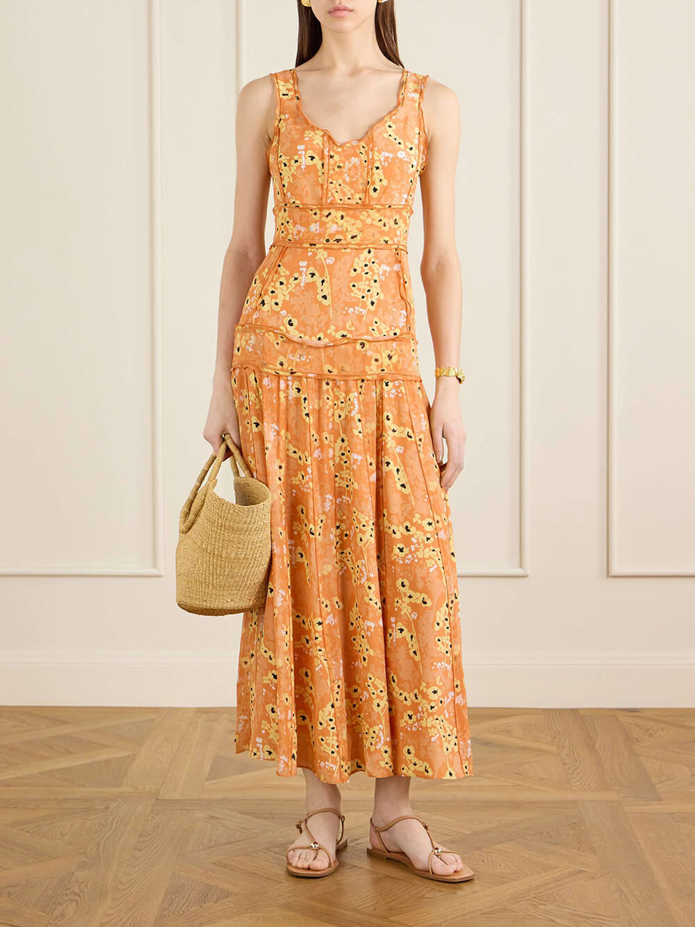 Unique Patchwork Print Satin Maxi Dress Orange