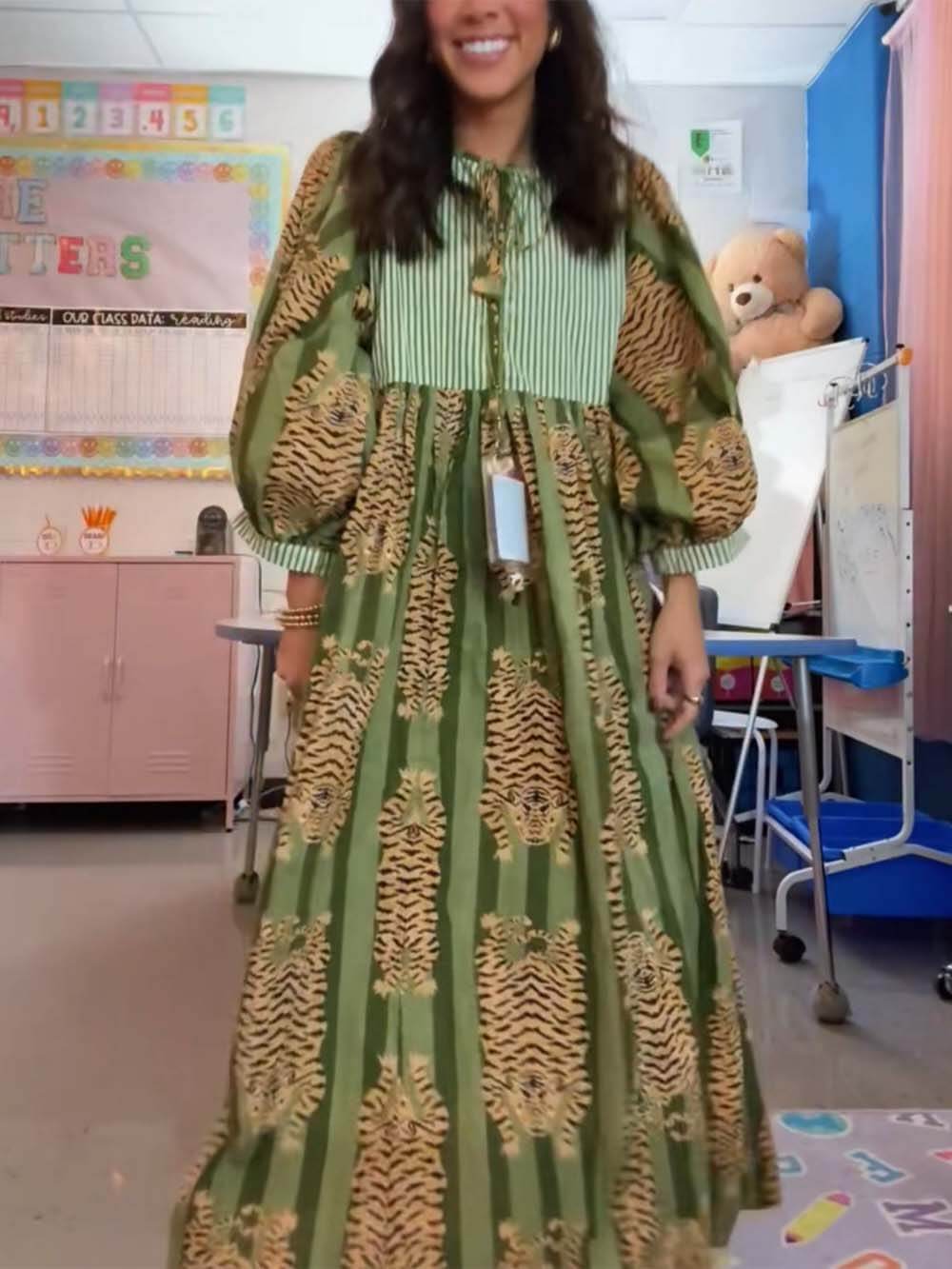 Unique Tiger Print Midi Dress Green