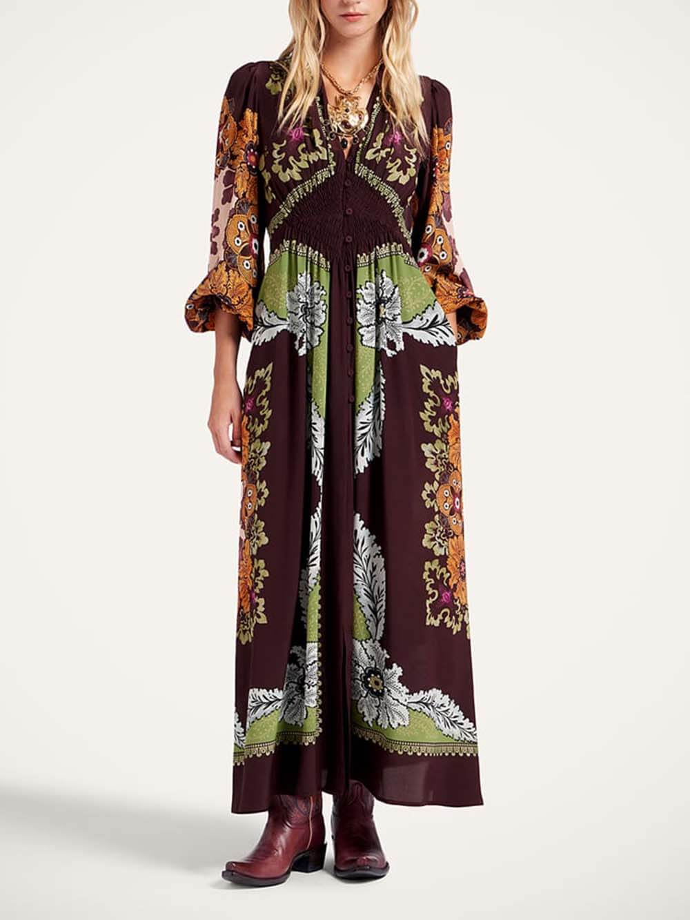 Unique Floral Print V-Neck Maxi Dress Multicolor