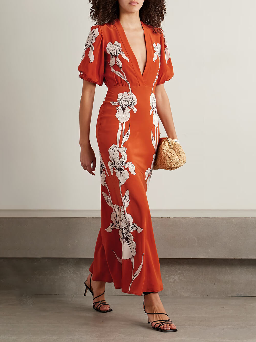 Exquisite Floral Print Satin Crepe Maxi Dress Tomato Red