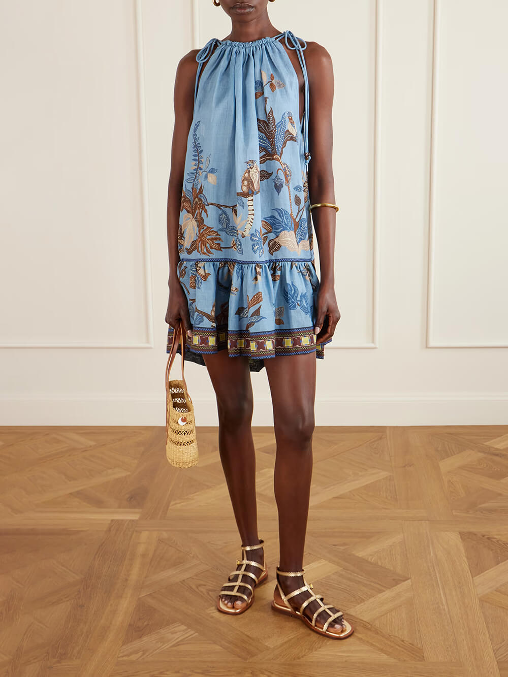 Unique Floral Print Linen Tiered Mini Dress Blue