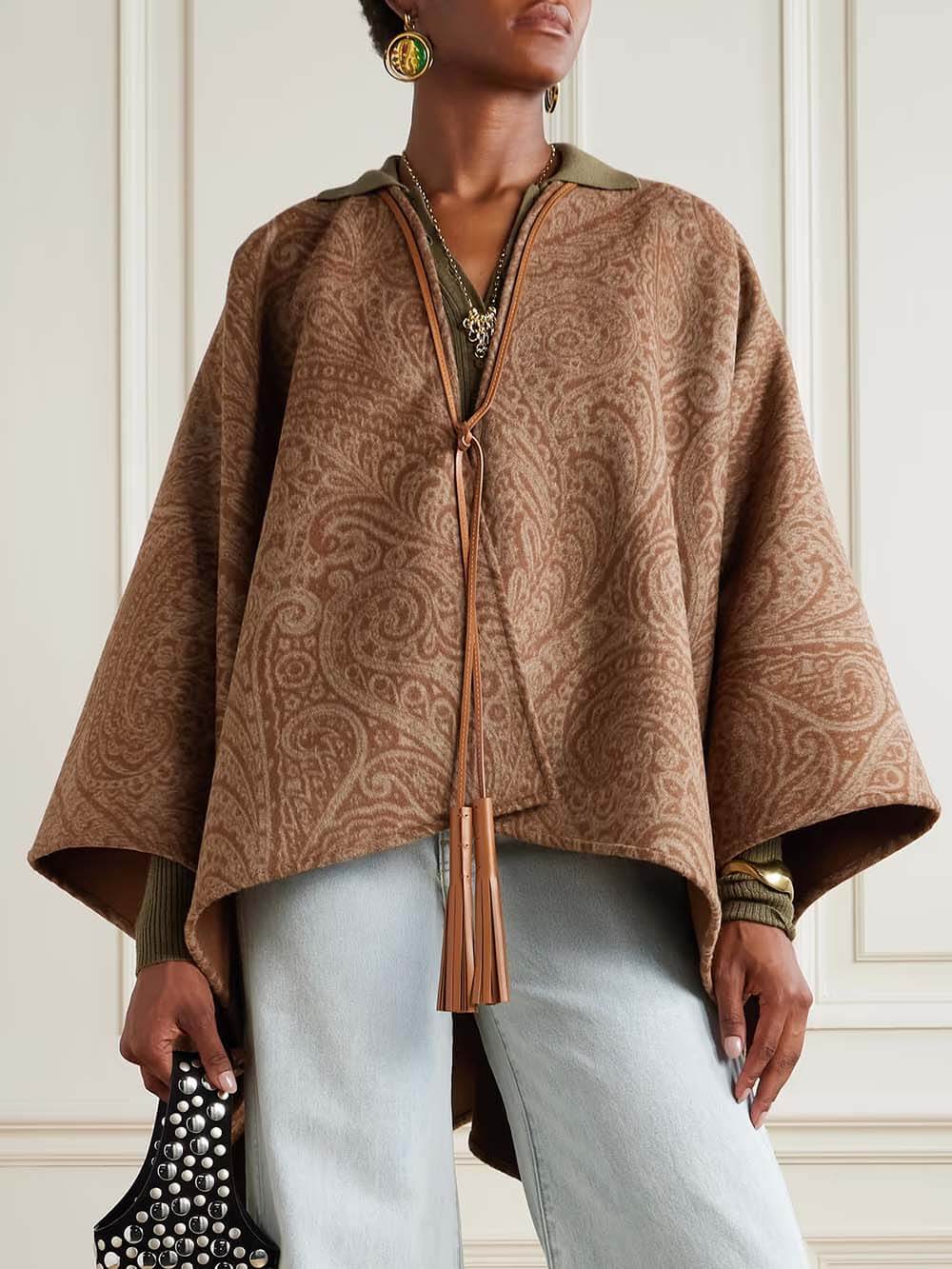 Casual Leather-Trim Paisley Print Cape Coat Brown One Size