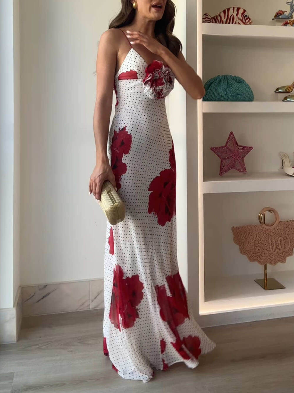 Elegant Poka Dot Floral Print Flower Detail Slip Maxi Dress Red
