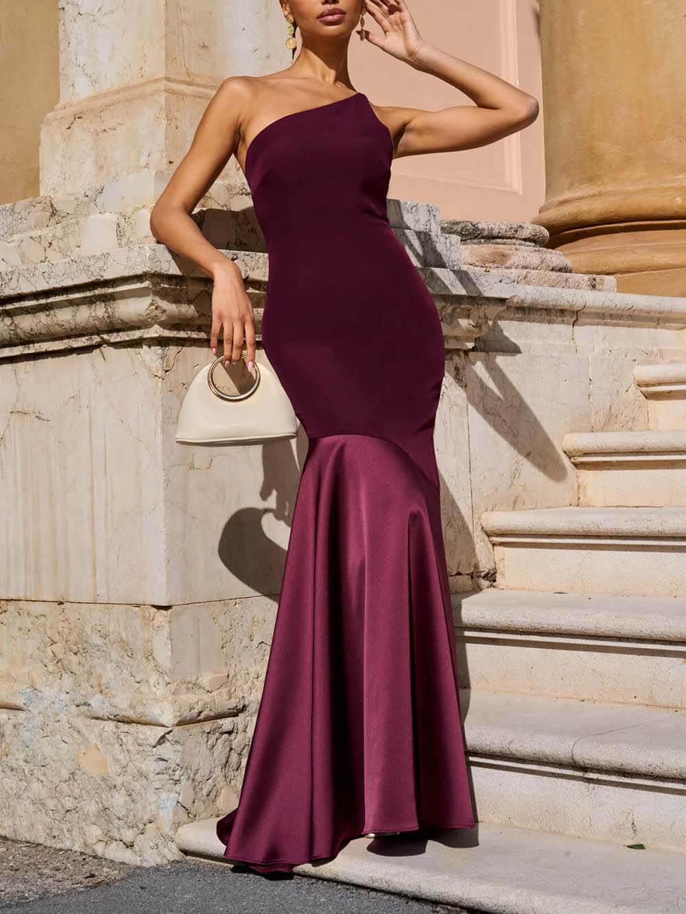 Elegant One-Shoulder Maroon Panel Mermaid Maxi Dress Burgundy