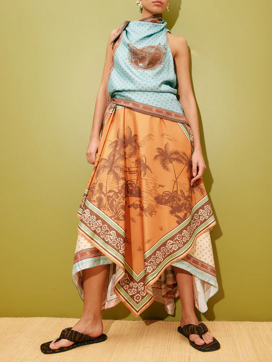 Retro Fashion Printed Scarf-Style Waist Tie Design Midi Dress