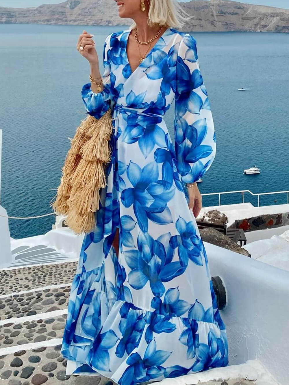 Elegant Floral Print Tie-Front Lantern Sleeve Vacation Maxi Dress Blue